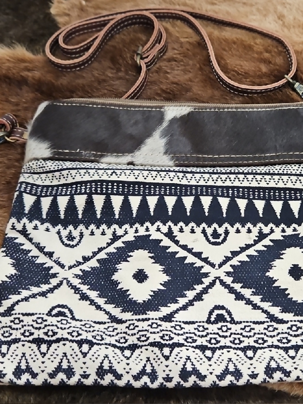 Myra Bag Navy & Cream Patterned Shoulder Bag Real Cow Hyde Hair.